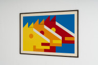 DREI PFERDE (gelb, orange & rot auf blauem Grund)